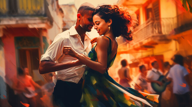 Fototapeta Couple dancing salsa on a vibrant street with blurred background