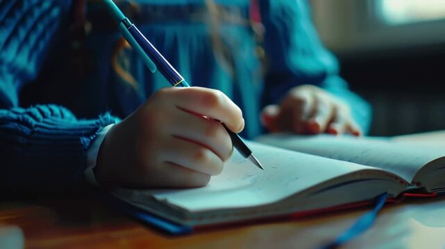 child's hands with pen and notebook close-up, September 1, knowledge day, school life