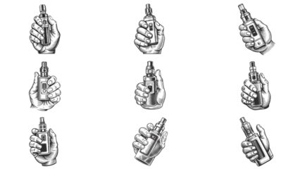 Hand-Drawn Illustrations of Hands Holding Vape Devices in Various Poses