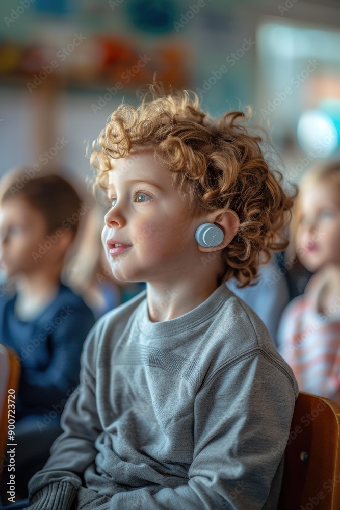 Wall mural a young boy with curly hair listens intently. ai.