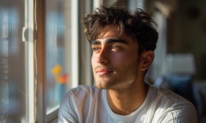 Obraz premium A young man looking out a window. AI.