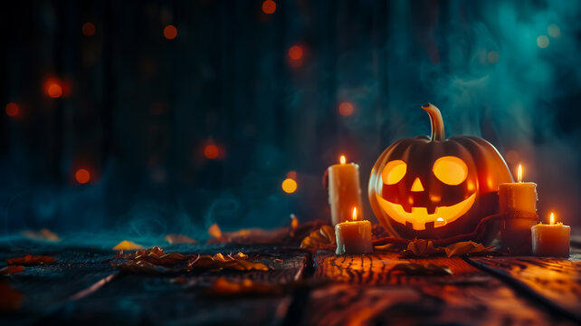 Halloween background with a carved jack o lantern or pumpkin, candles and copy space for your text