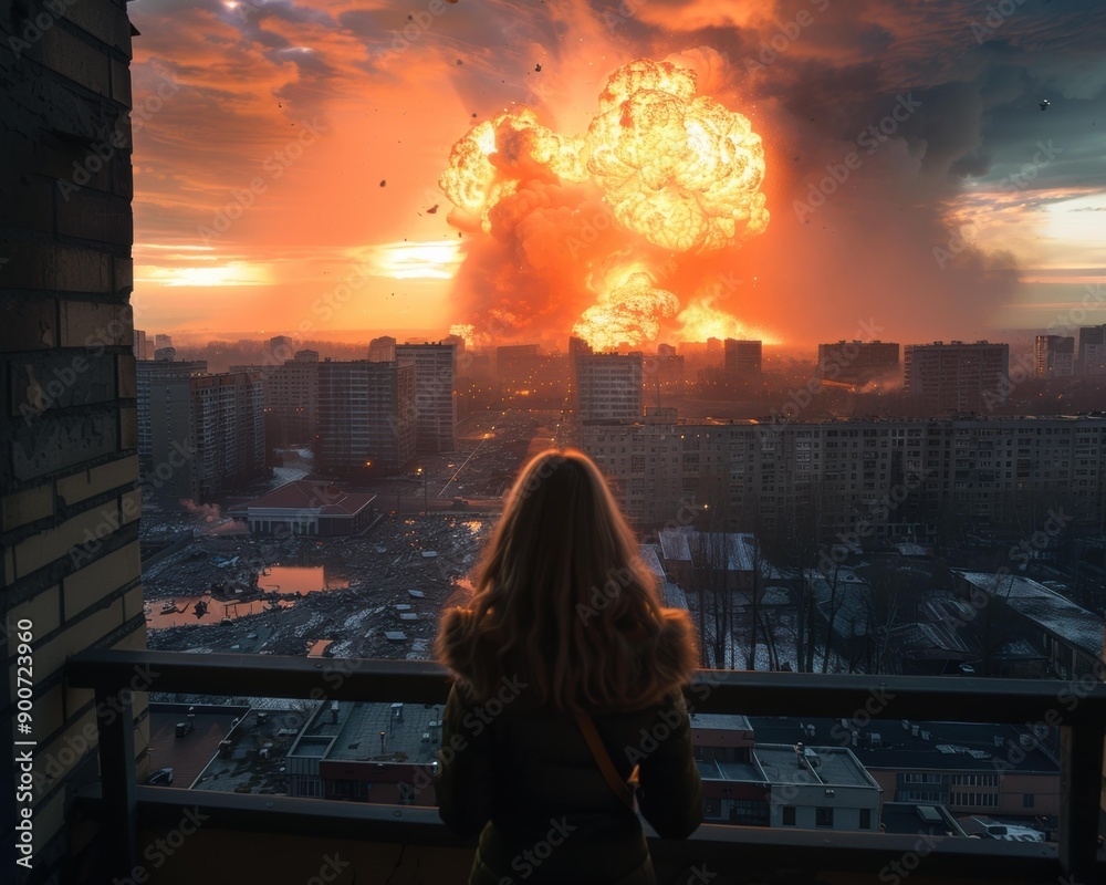 Poster A woman watches from her balcony as a large explosion erupts in the distance. AI.