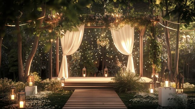 A serene outdoor wedding venue featuring a decorated arbor with draped curtains, fairy lights, green foliage, wooden walkway, and lanterns creating a warm, romantic ambiance.