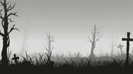 Spooky graveyard scene with barren trees and shadowy crosses emerging from fog, creating a sinister and haunting atmosphere in grayscale tones.