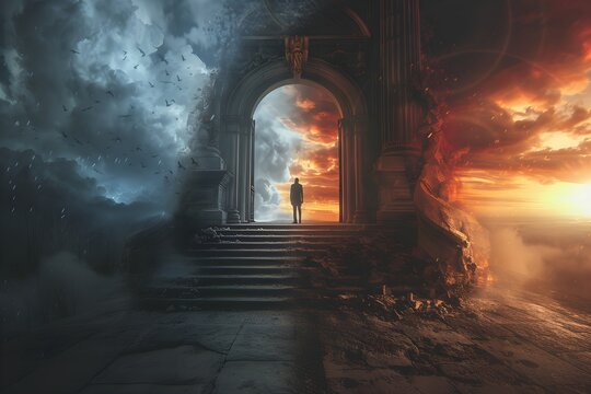 Heaven paradise and fiery hell gates choice. Door to heaven and hell. Good and evil, light and darkness. God's judgment, christianity concept. Religious background for design banner, poster