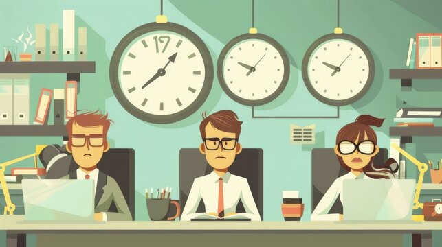 Office project deadline, focused employees, flat design illustration