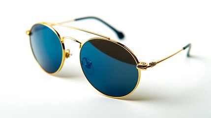 Stylish Gold Frame Blue Lens Sunglasses. Lovely ColorFul Sunglasses and White Background  
