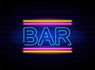 Obraz premium Vibrant Retro Neon Bar Sign With Bright Blue, Yellow, And Pink Colors, Mounted On A Dark Brick Wall. Glowing Neon Lights