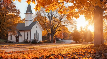 White country church in autumn foliage. Concept of rural church, fall season, countryside scenery, peaceful solitude