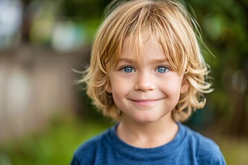 Smiling blond boy with short hair, wearing a blue shirt, green leafy background, bright and cheerful, outdoor portrait, youthful joy, summer day, natural light, candid moment, happy child.