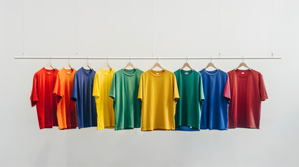 row of colourful tshirt hanging on a horizontal pole in a bright airy white wall based shop