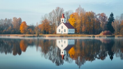 Fototapeta premium Serene lakeside church with autumn foliage and reflections on water. Concept of peaceful nature, tranquility, spirituality, and seasonal change