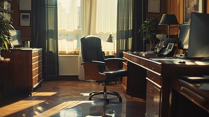 A politician’s office with only the essential items, emphasizing functionality