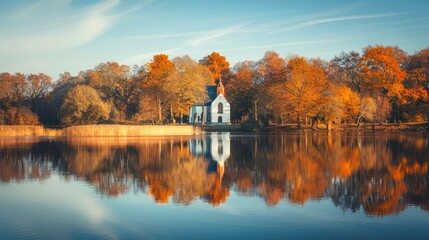 Obraz premium Serene lakeside church with autumn foliage and reflections on water. Concept of peaceful nature, tranquility, spirituality, and seasonal change