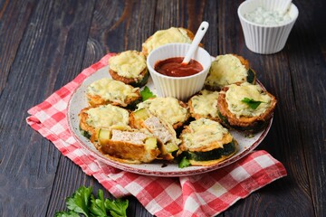 Zucchini stuffed with minced chicken and baked with cheese and herbs on a ceramic plate on a dark wooden background. Zucchini recipes.