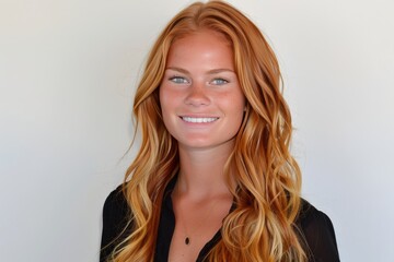 Fototapeta premium Smiling red-haired woman in black top, white background, natural beauty, bright and cheerful, modern portrait, confident and vibrant, soft lighting, simple and clear, radiant.