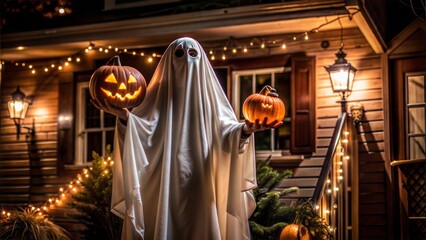 On Halloween, a man dressed as a ghost stands next to a house and holds a Jack-o'-lantern