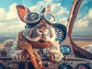 Adventurous bunny pilot ready for takeoff in a vintage airplane cockpit