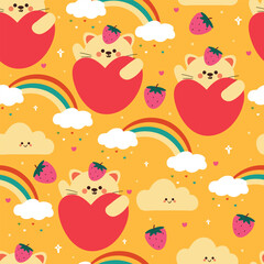 cute seamless pattern cartoon cat with big heart flying with sky element. cute wallpaper for fabric print, gift wrap paper