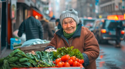 Elderly Caucasian Woman Selling Vegetables at Street Market in Urban Setting, Concept of Street Vendor, Fresh Produce, Urban Life, Outdoor Market