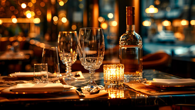 Close-up of brandy bottle, glass and glassware on dining table set in a high-end restaurant or event setting on a reflective, marble surface with an out-of-focus background.