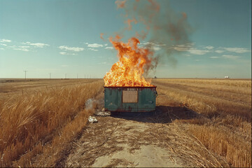 Rural Dumpster Fire in Open Field - Dramatic Imagery of a Blazing Inferno in a Countryside Setting