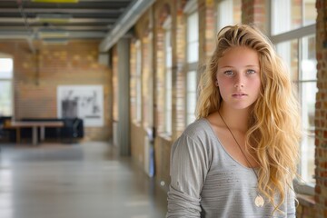 Thoughtful young woman with blond hair, standing in a bright indoor setting, calm and serene, natural beauty, modern portrait, soft lighting, simple and clear, warm and cozy.