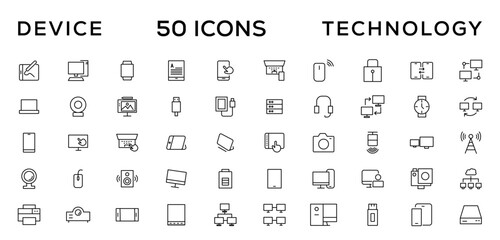 Device and technology line icon set. Electronic devices and gadgets, computer, equipment and electronics. Computer monitor, smartphone, tablet and laptop simple icon collections