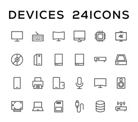 Device and technology line icon set. Electronic devices and gadgets, computer, equipment and electronics. Computer monitor, smartphone, tablet and laptop simple icon collections