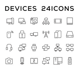 Device and technology line icon set. Electronic devices and gadgets, computer, equipment and electronics. Computer monitor, smartphone, tablet and laptop simple icon collections