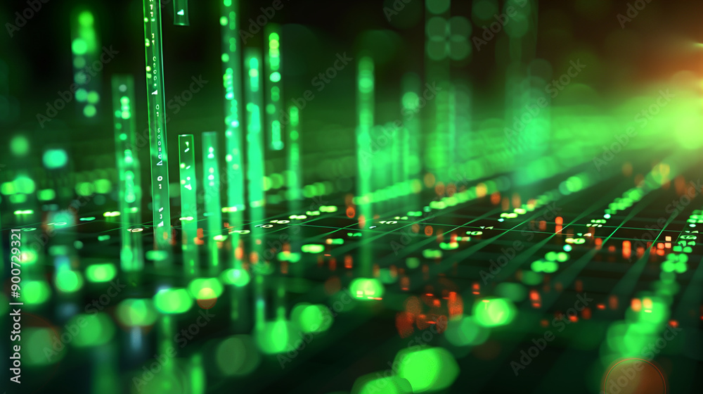 Fototapete abstract green background with 3d graphs, data visualisation, global business finances and digital interface concept