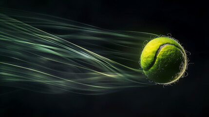Dynamic Tennis Ball in MotionA Vibrant Display of Speed and Athleticism Against a Stark Black Background