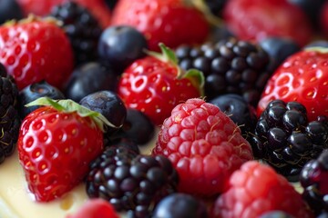Closeup of a vibrant assortment of fresh mixed berries including strawberries, raspberries, blackberries, and blueberries, perfect for a healthy and delicious summer dessert