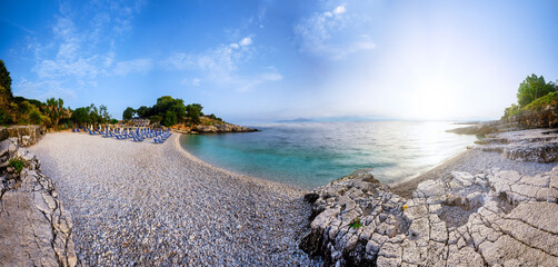 Corfu, 10 June 2024: Ionian Islands of Greece Corfu. Panoramic view of the kanoni beach