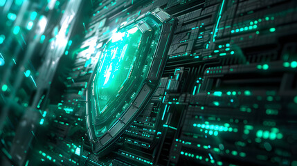 Futuristic security shield symbol on digital circuit board