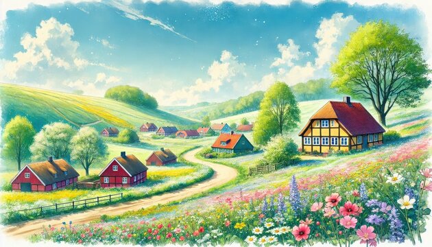 A serene landscape in Mols Bjerge National Park, with rolling hills, wildflowers and Danish cottages