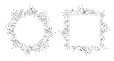 Set of tropical floral frames, backgrounds made of contour palm leaves.