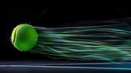 Dynamic Energy of a Spinning Tennis BallCapturing Motion and Excitement Against a Stark Black Background
