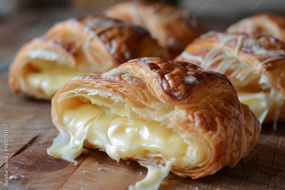 Sticker closeup of decadent creamfilled pastries with flaky crusts, on a rustic wooden backdrop