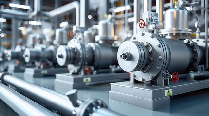Fototapeta premium Row of industrial pumps or compressors with control panels and valves in a manufacturing facility.