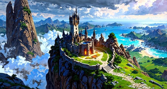 vibrant breathtaking panoramic view of a wizards tower background