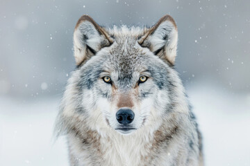 Fototapeta premium A majestic wolf with piercing eyes stares into the camera.