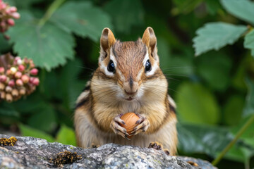 Fototapeta premium A playful chipmunk holding a nut looks at the camera.