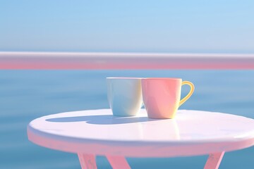 Minimalist table with pastel cups overlooking a serene ocean view, creating a tranquil, peaceful setting ideal for relaxation.