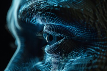 Abstract close up of a digital human eye with wireframe patterns representing technological advancements and human machine interface in blue hues