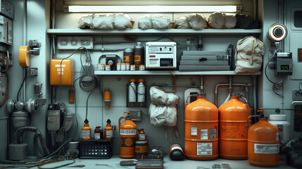 A well-organized industrial workspace with shelves containing various orange safety equipment, tanks, chemical containers, and tools.