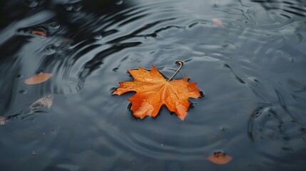 Autumn leaf floating on water