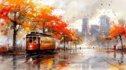 Obraz premium Charming autumn scene with a vintage tram and vibrant orange trees in a serene cityscape highlighting seasonal beauty.