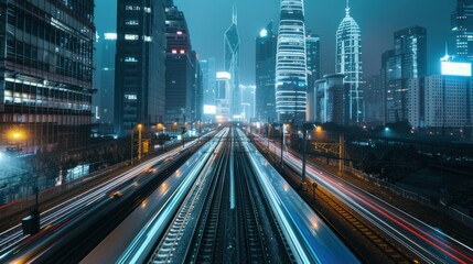 Fototapeta premium Cityscape with Train Tracks and Light Trails